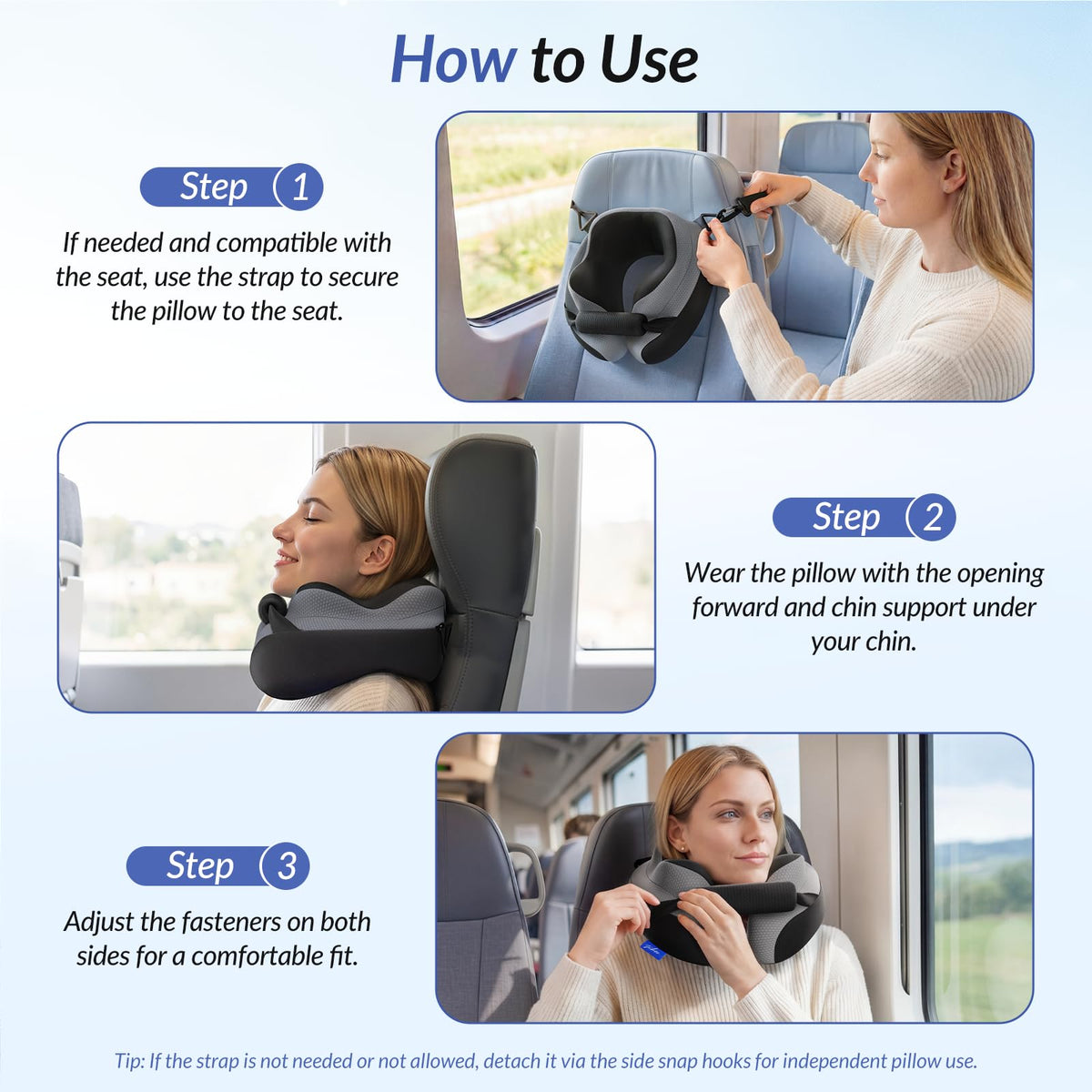 ZIKEE dual-hold neck pillow with adjustable Velcro strap for personalized fit.
