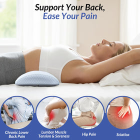 ZIKEE lumbar pillow demonstrates height adjustment from 1.8 to 3.7 inches.