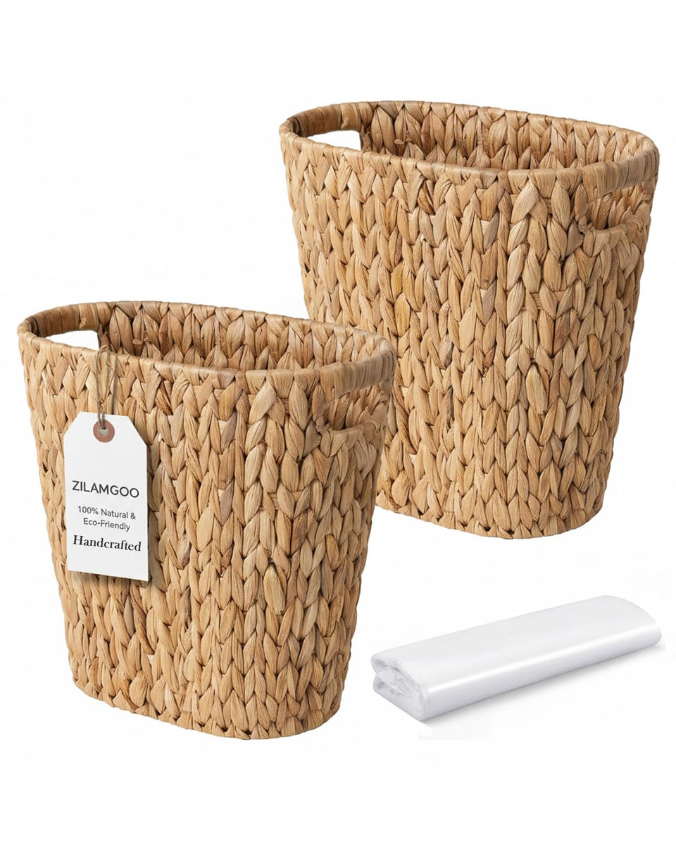 ZILAMGOO oval hyacinth trash can with wooden handles for stylish storage