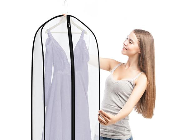 Zilink wedding dress storage garment bag on hanger demonstrates organized closet