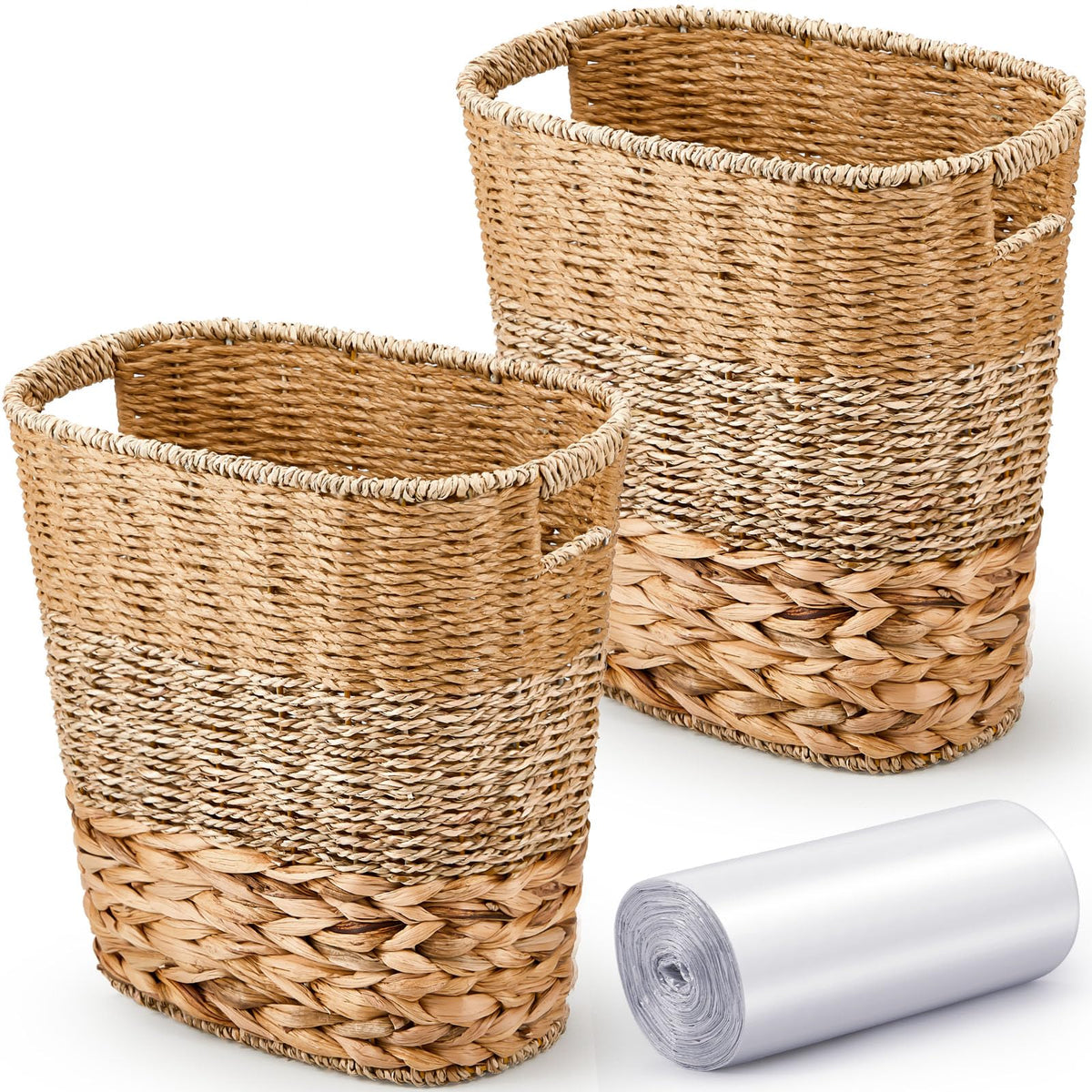 Ziliny wicker trash bin 2-pcs set with handles, ideal for compact spaces.