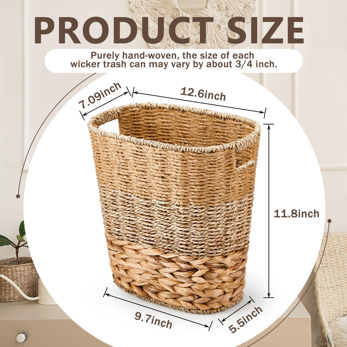 Ziliny wicker trash bin handle design close-up shows natural weaving and sturdy frame.