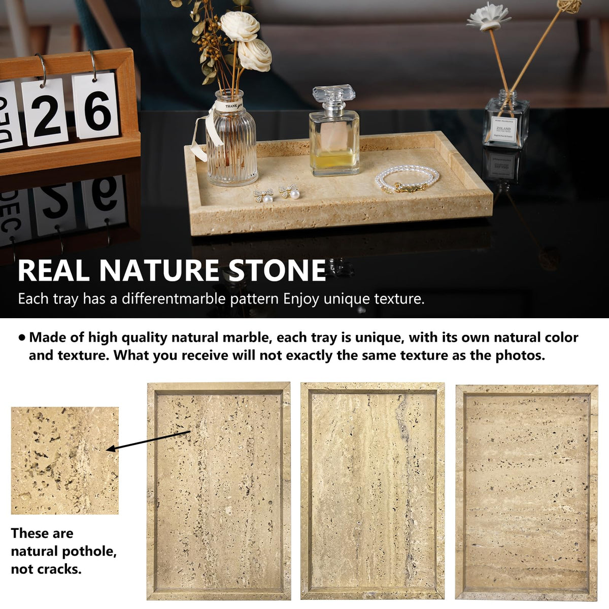 Zilukar travertine tray in kitchen for spices and small bottles