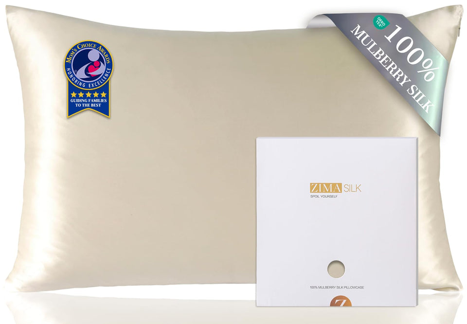 ZIMASILK beige 20x26 pillowcase offers gentle silk care for skin and hair.