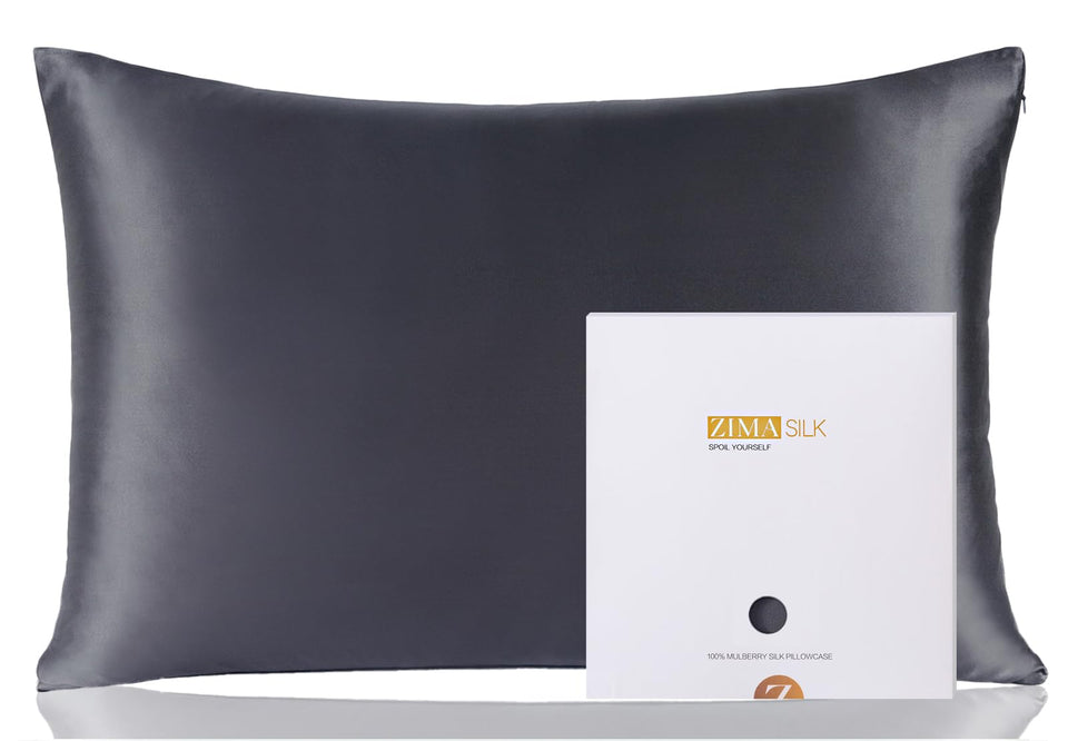 ZIMASILK dark gray queen pillowcase front view with luxurious silk texture.