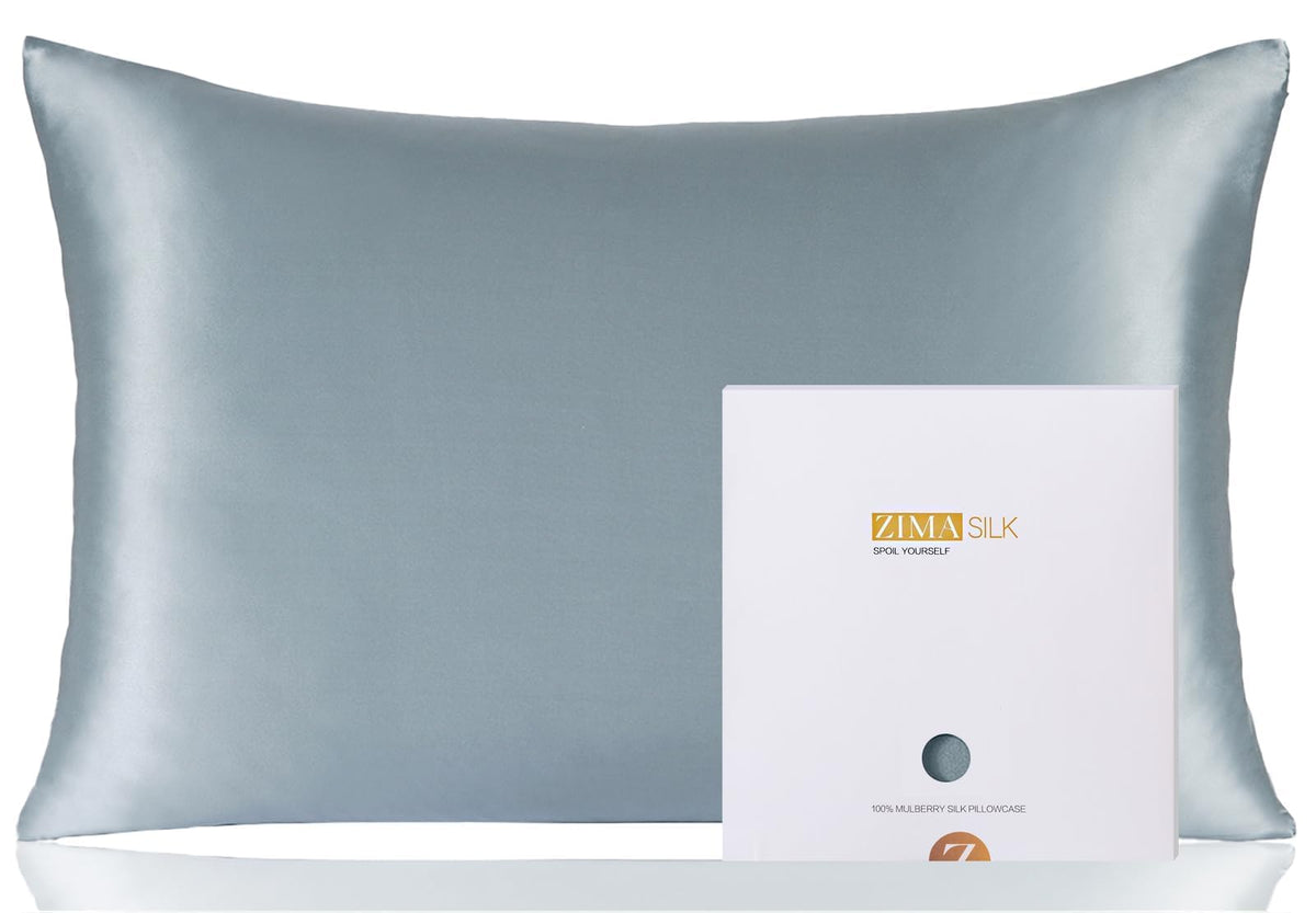 ZIMASILK pillowcase in dusty blue with double-sided silk for smooth skin and hair.