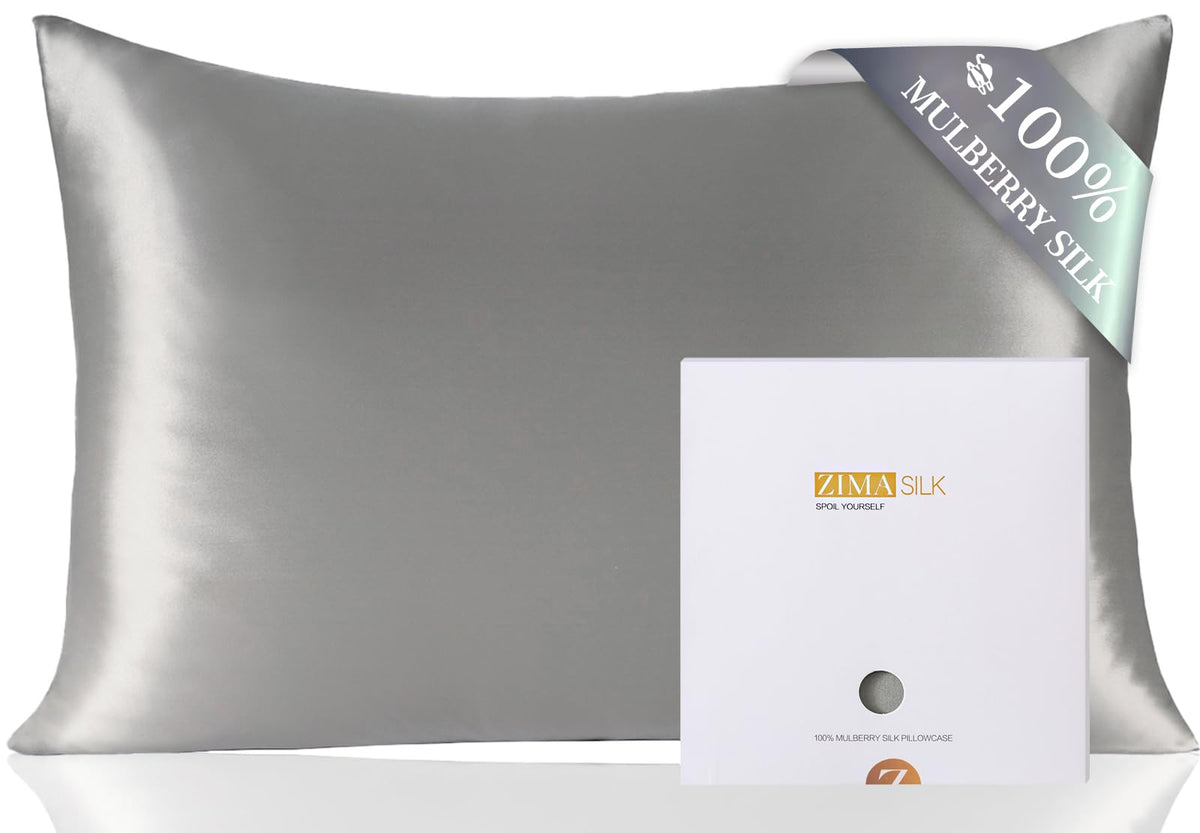 ZIMASILK gray pillowcase front view with silky surface for smooth sleep and hair protection