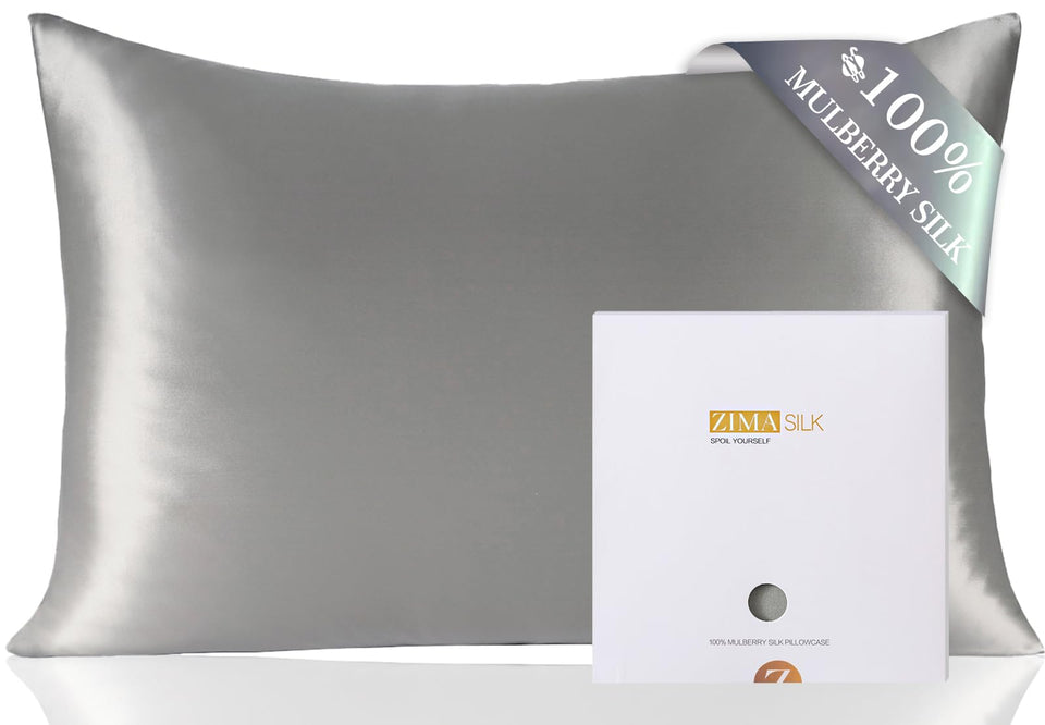 ZIMASILK gray pillowcase front view with silky surface for smooth sleep and hair protection
