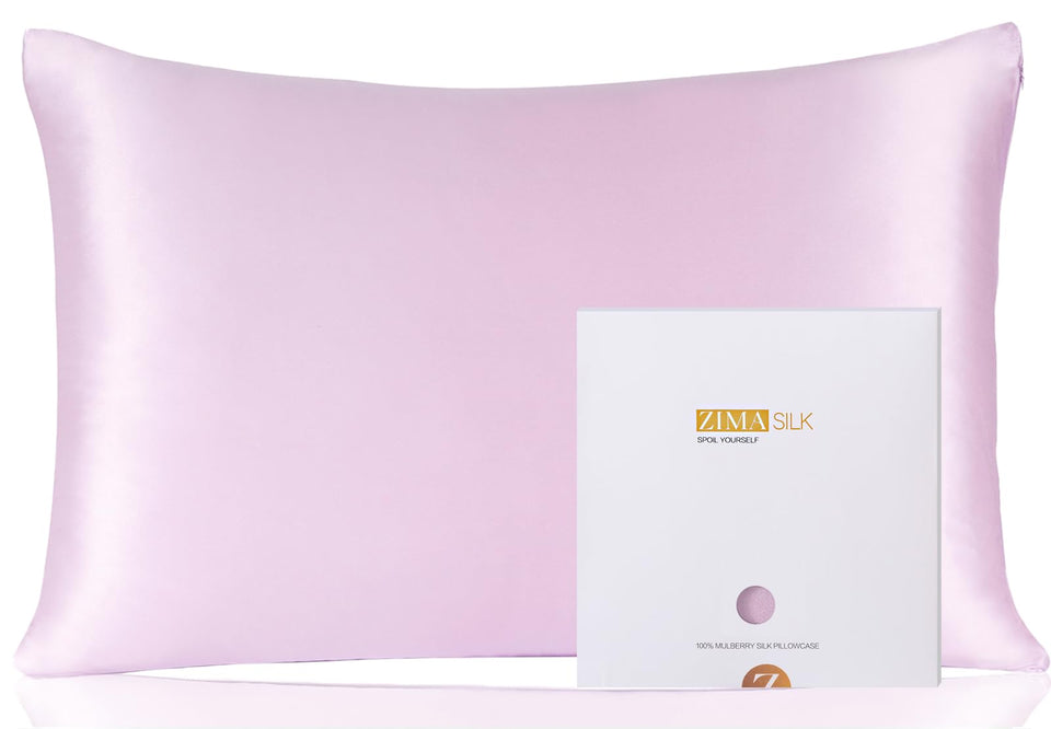 ZIMASILK pillowcase in light purple flat lay for skin and hair care.