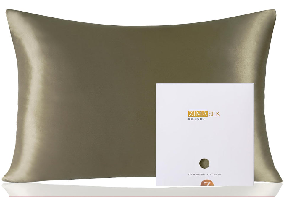 ZIMASILK pillowcase in olive grey, front view shows smooth surface for hair and skin care