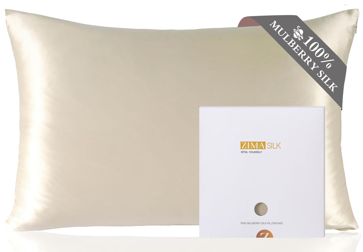 ZIMASILK beige pillowcase showing soft silky texture for gentle skin contact.