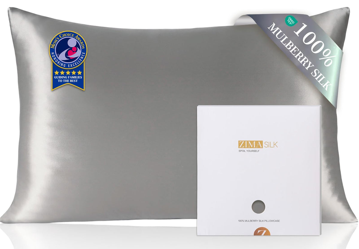 ZIMASILK pillowcase gray top view shows smooth silk surface for hair and skin.