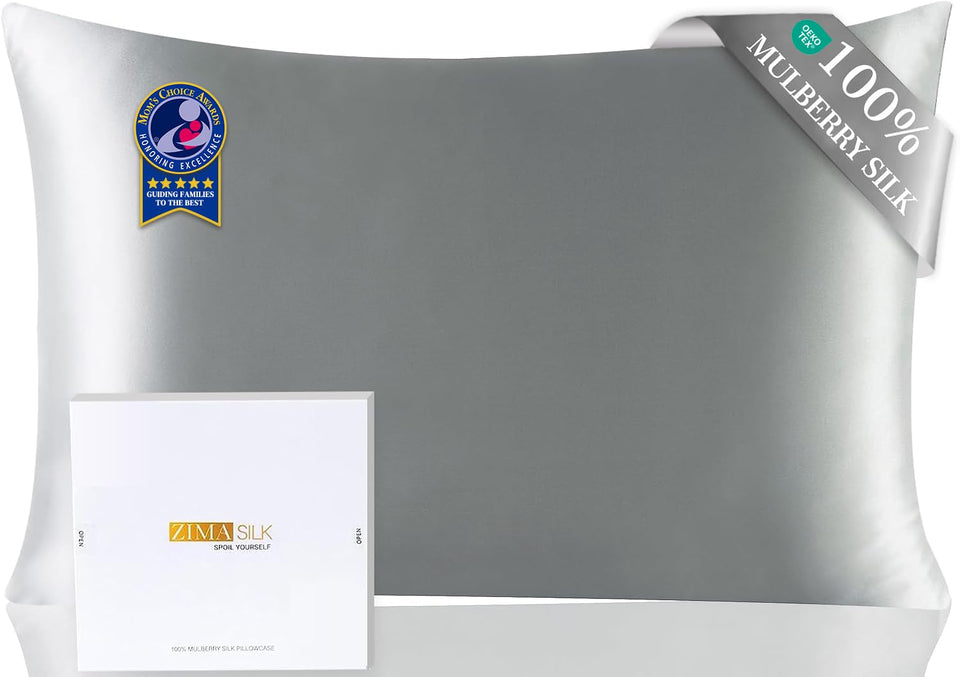 ZIMASILK silk pillowcase front view in grey with smooth texture for hair and skin