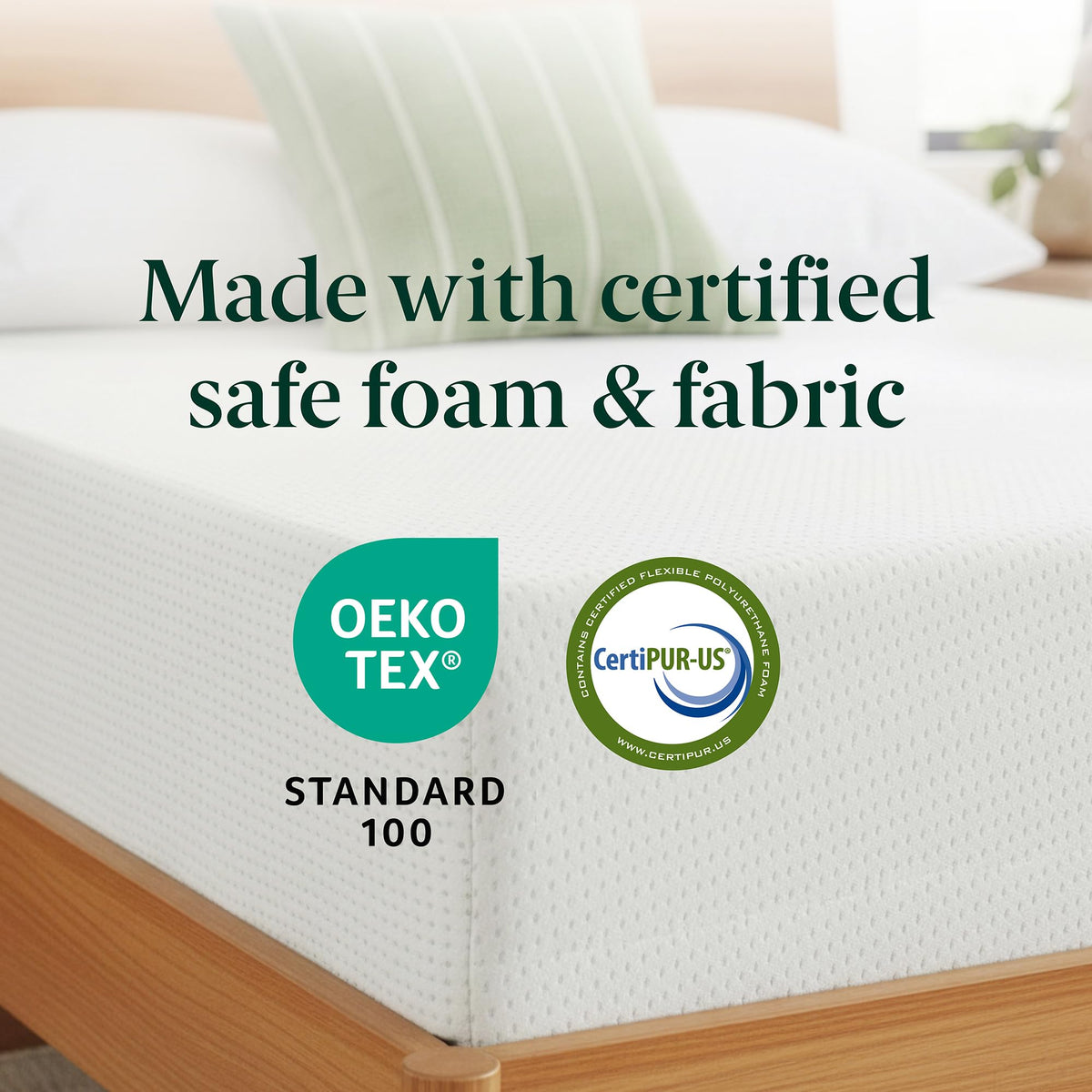 Fiberglass-free tag highlighting safer sleep with Zinus packaging