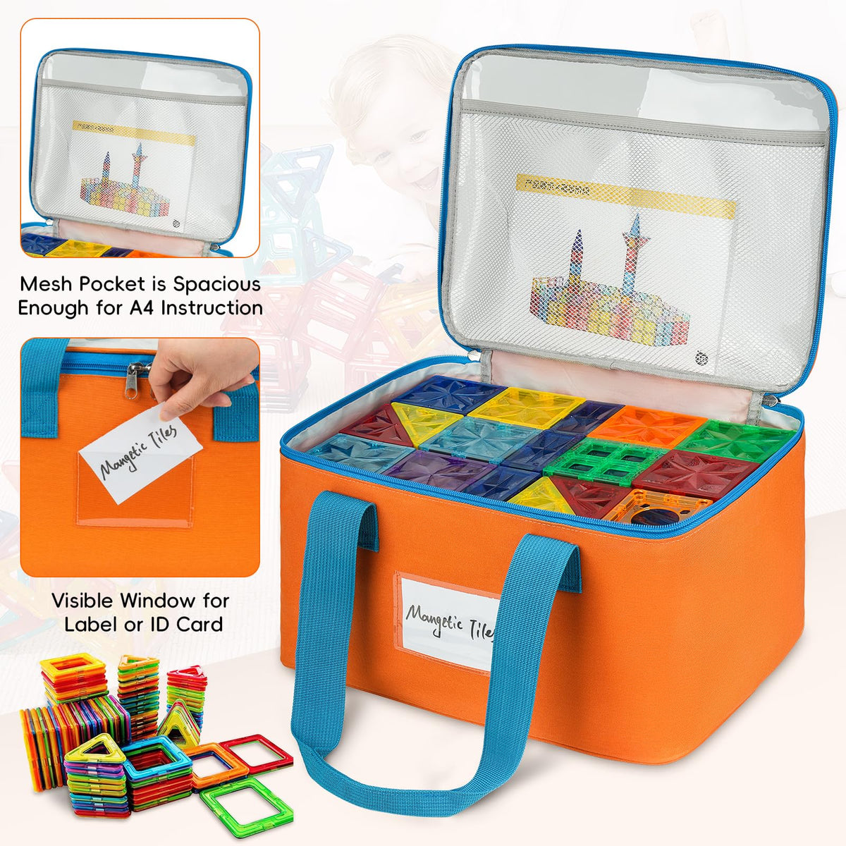ZIOZERTT magnetic tiles storage bin with transparent panel for quick view.