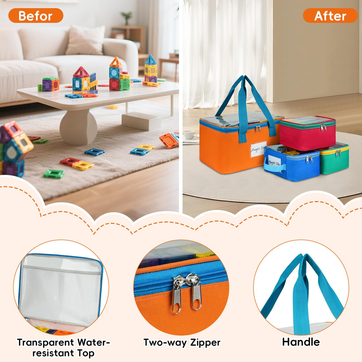 ZIOZERTT toy organizer case featuring mesh pocket for instructions.