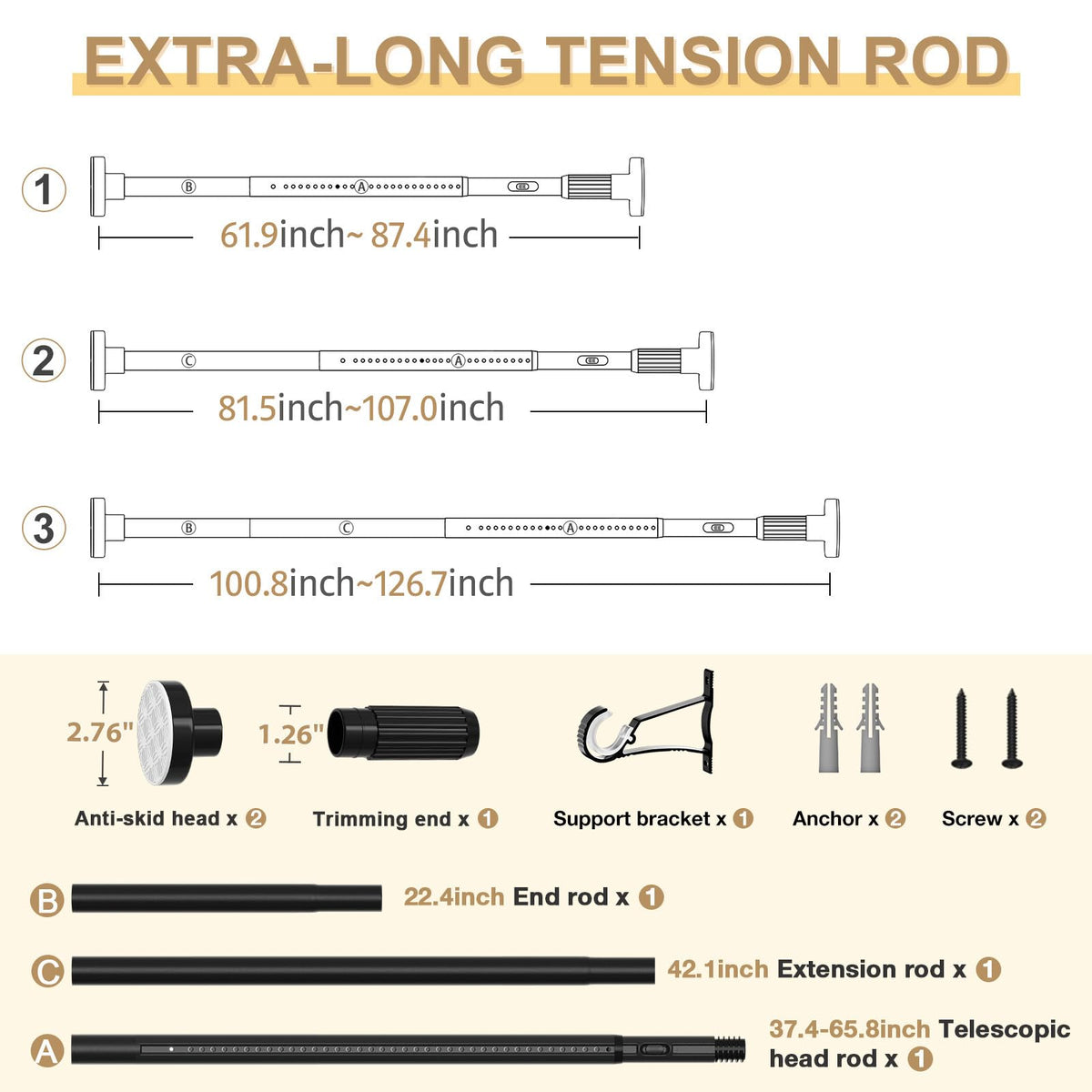 ZipGlo three-piece rod extended to full length for 126-inch span.