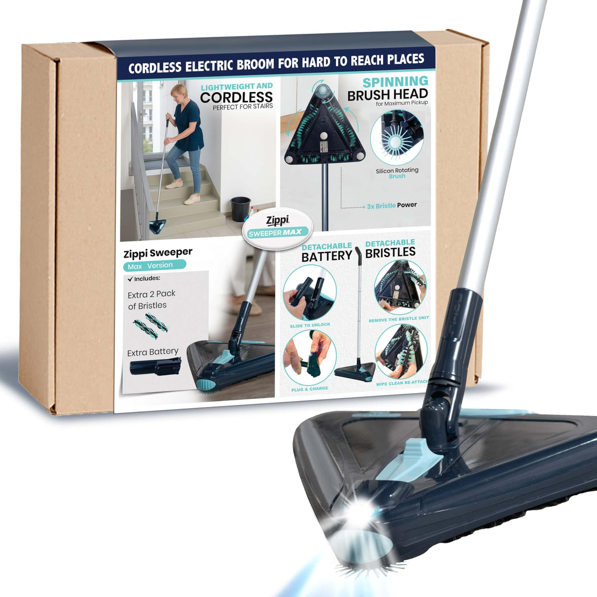Zippi Sweeper Max corner-cleaning for hard-to-reach spots