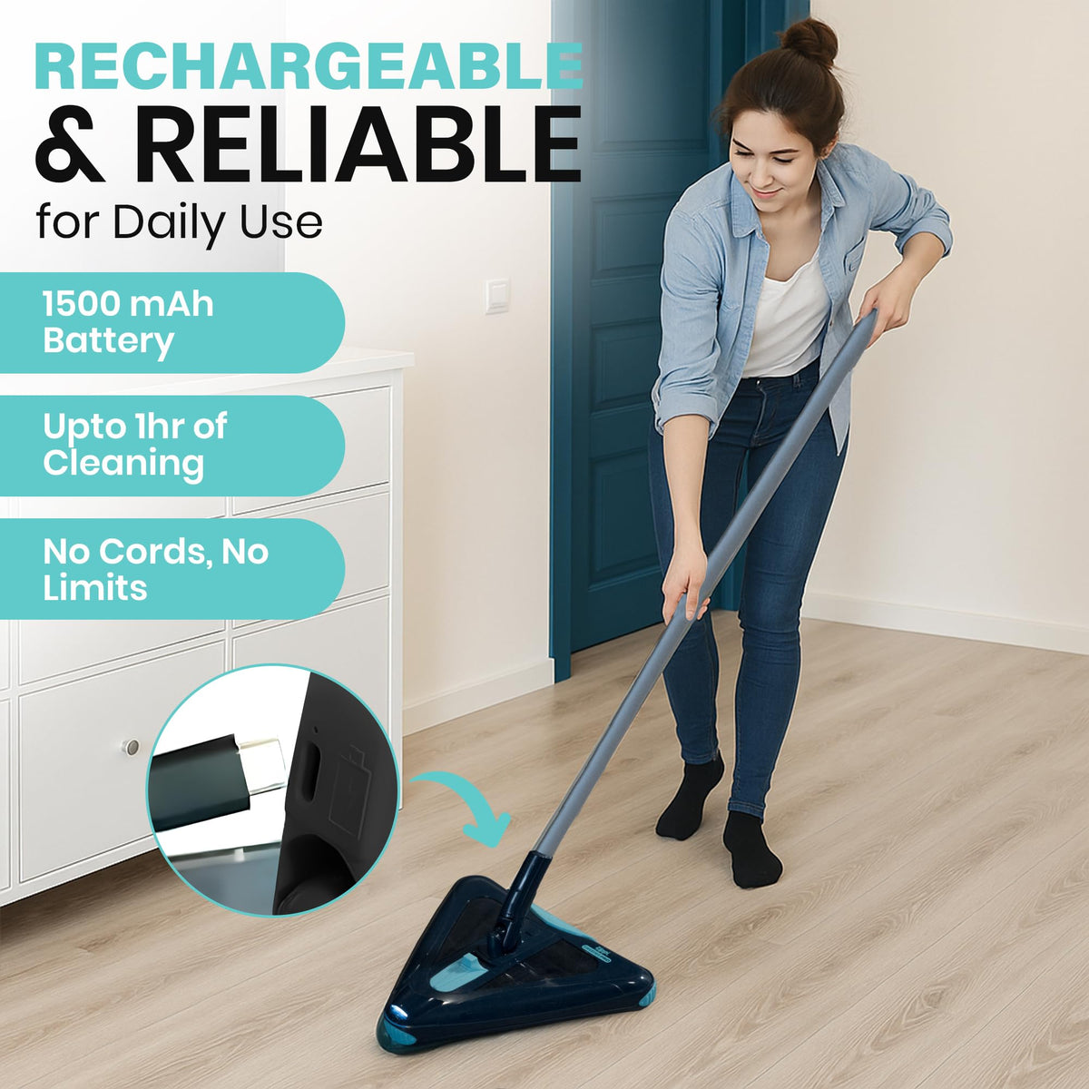 Zippi Sweeper Max quick-release dirt compartment for mess-free disposal