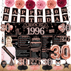 Zirtorei rose gold 30th birthday backdrop enhances indoor celebrations.