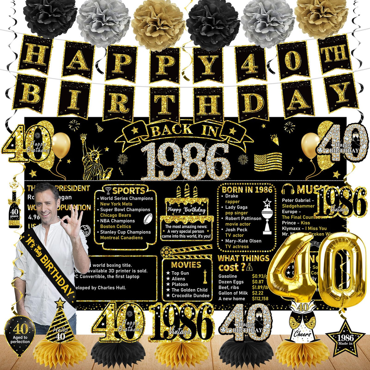 Zirtorei 40th birthday backdrop in black and gold for elegant indoor celebrations.