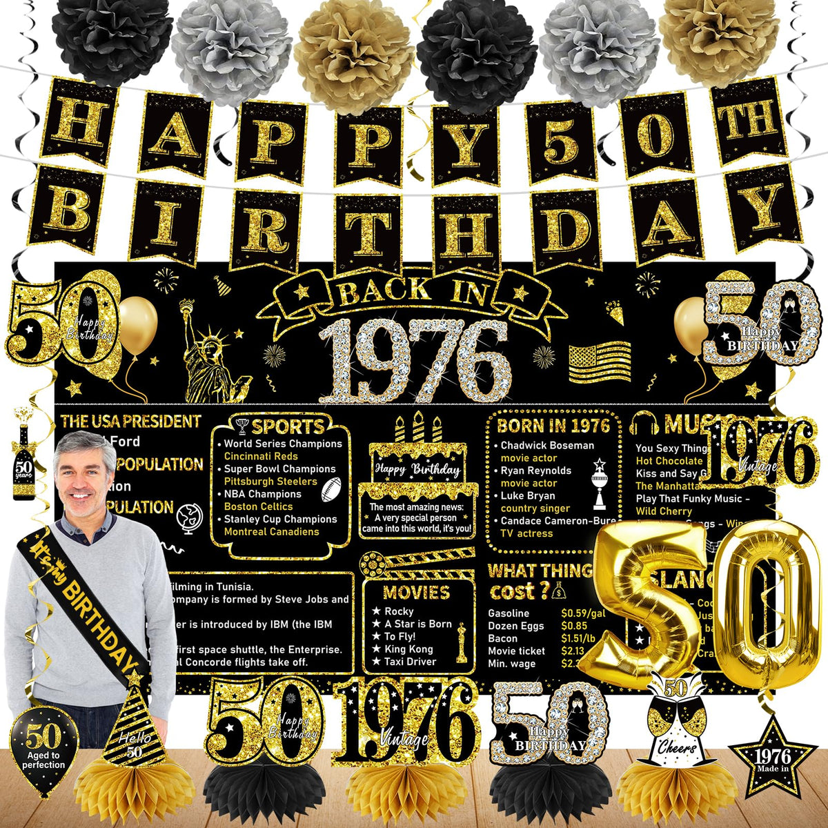 Zirtorei 50th birthday backdrop in black and gold, ideal for photo backdrops