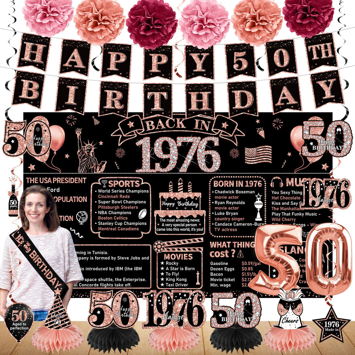 Zirtorei 50th birthday backdrop adds elegant rose-gold ambiance for photos