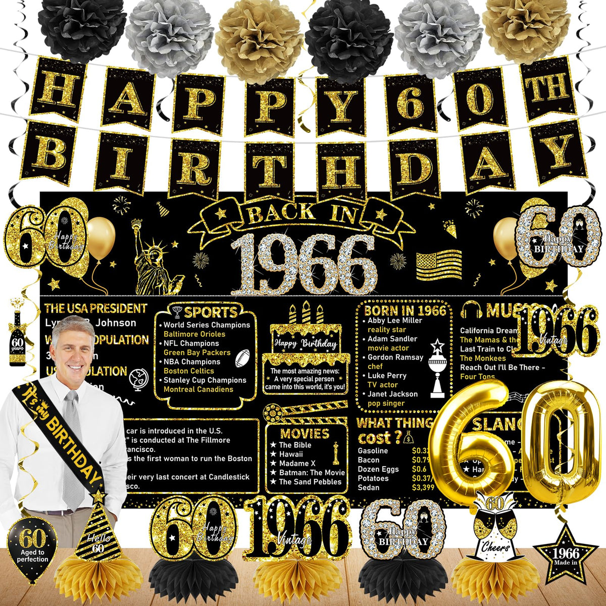 Zirtorei 60th birthday banner in black and gold, ideal photo backdrop.
