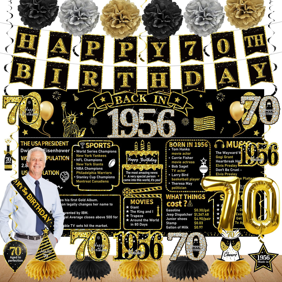 Zirtorei 70th birthday backdrop in black and gold enhances photos