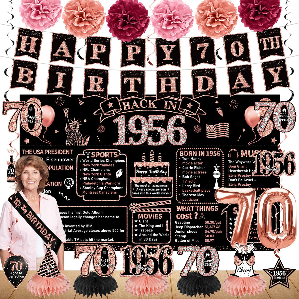Zirtorei 70th birthday banner rose gold for a vintage party backdrop