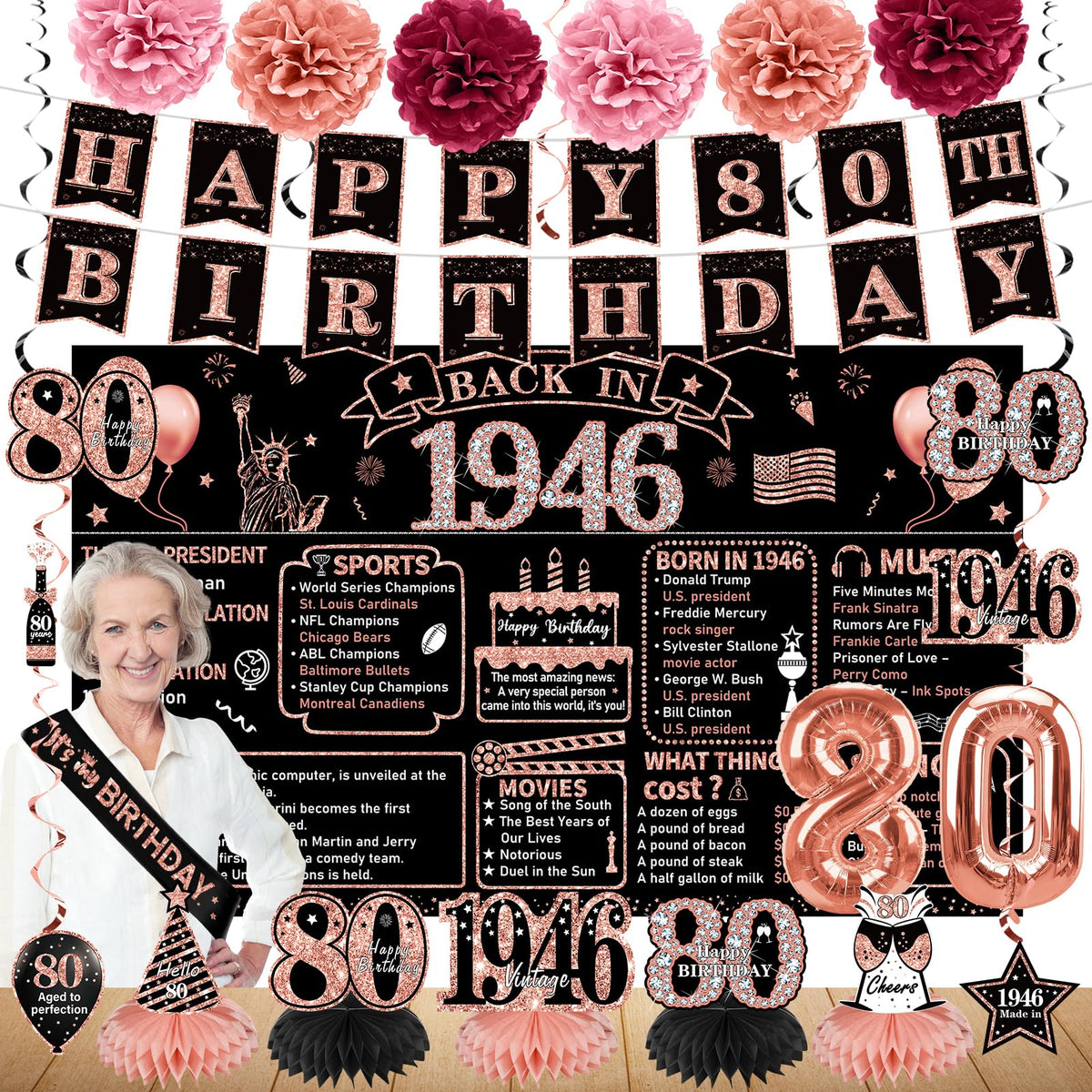 Zirtorei 80th birthday banner backdrop for elegant indoor celebrations.