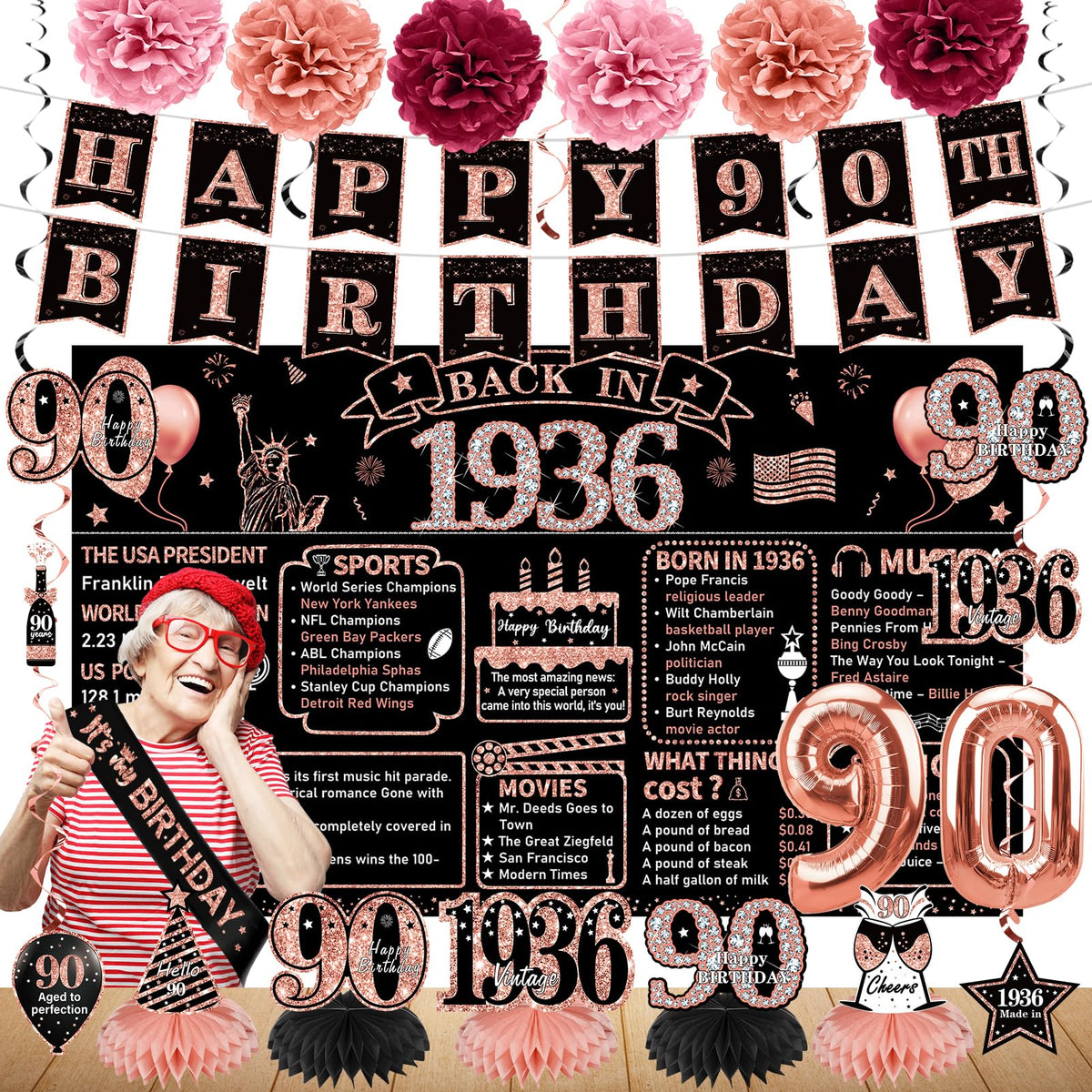 Zirtorei rose gold 90th backdrop ideal for elegant party photos.