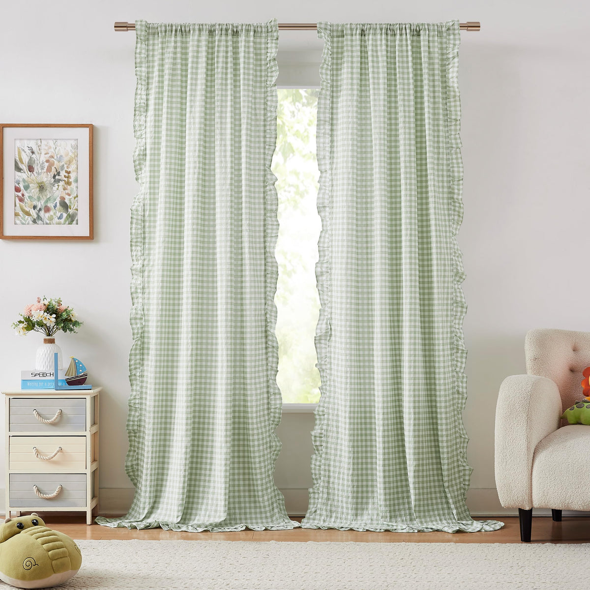 ZJDECOR buffalo plaid ruffled curtains; 40x84 panels filter light and enhance privacy.