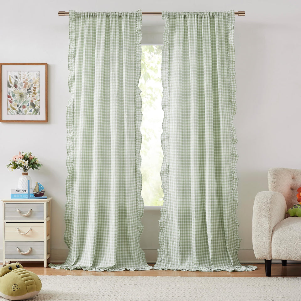 ZJDECOR buffalo plaid ruffled curtains; 40x84 panels filter light and enhance privacy.