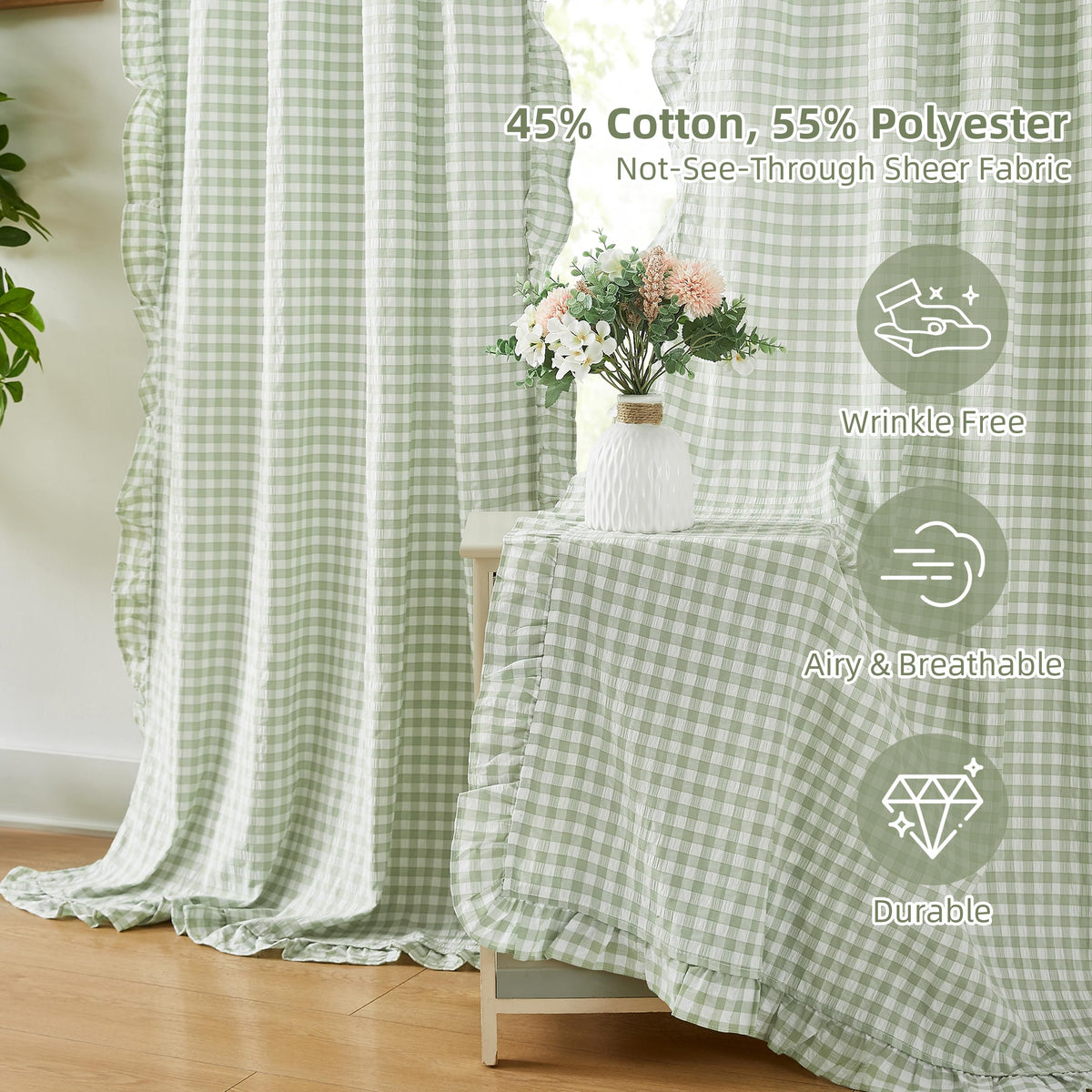 ZJDECOR rod-pocket curtains in sage green and white offer easy hanging.