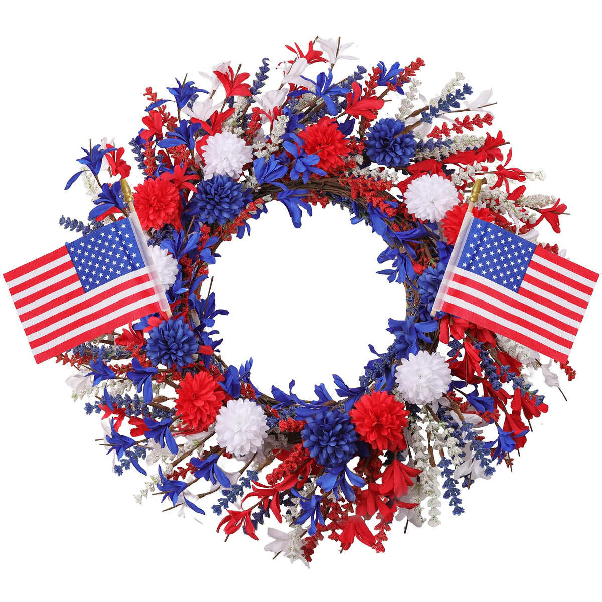 zjlmit patriotic front door wreath 22inch with red white blue berries and stars boosts festive curb appeal.