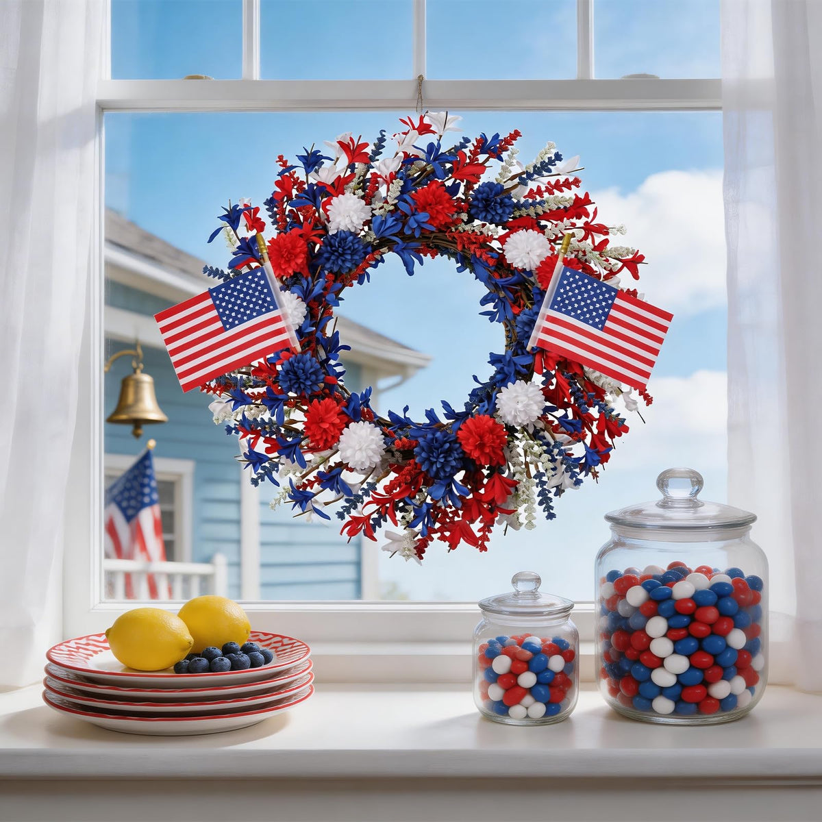 zjlmit front door wreath with flag accents adds seasonal patriotism to any entry.