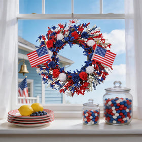 zjlmit front door wreath with flag accents adds seasonal patriotism to any entry.