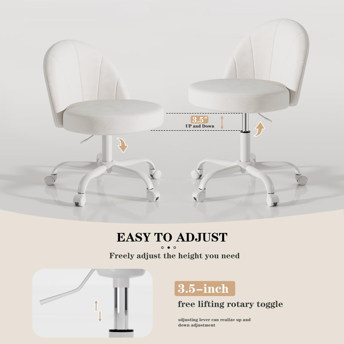 Zkfhome Velvet Vanity Chair anti-slip wheels protect floors during use.