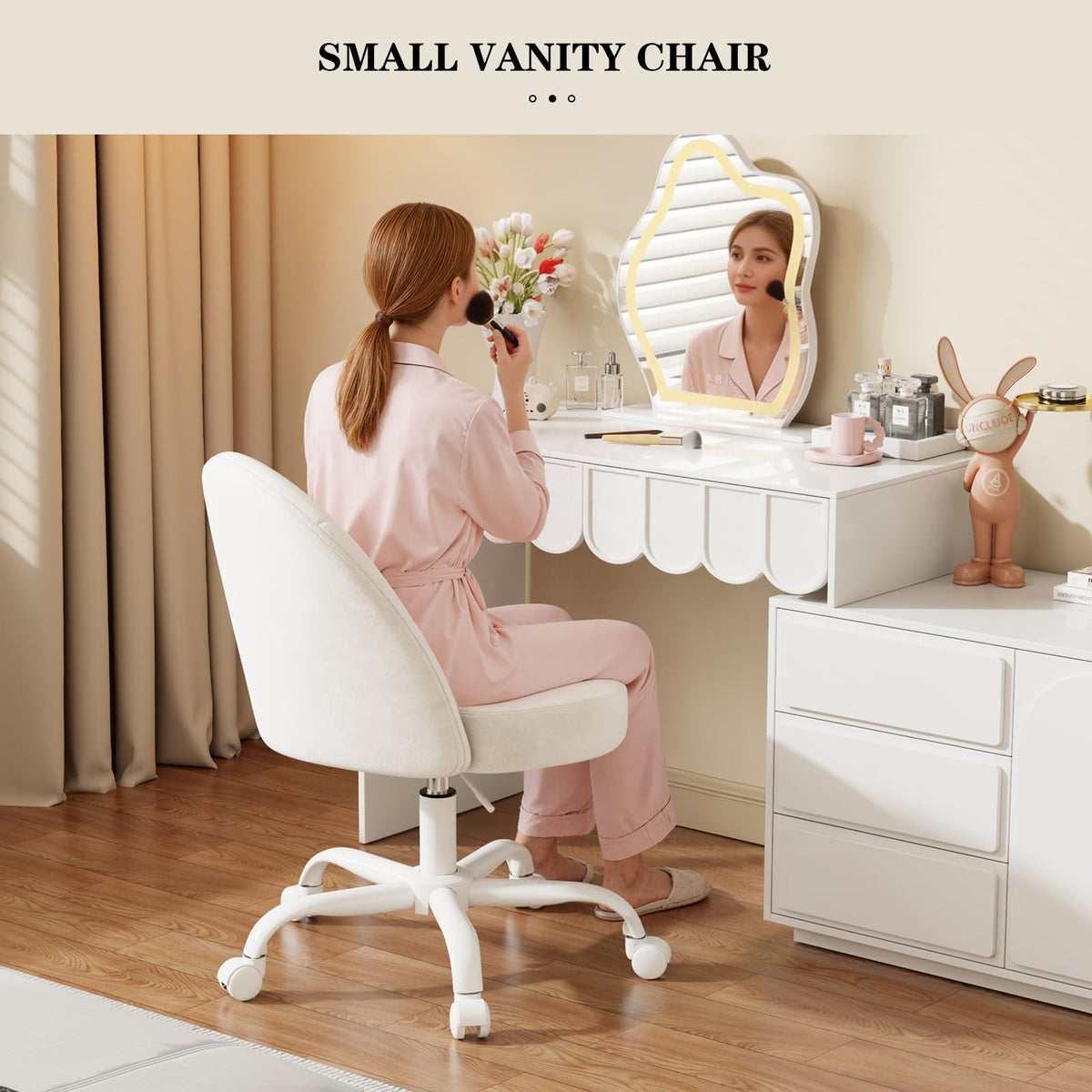 Zkfhome Velvet Vanity Chair wheels enable smooth movement across desks.