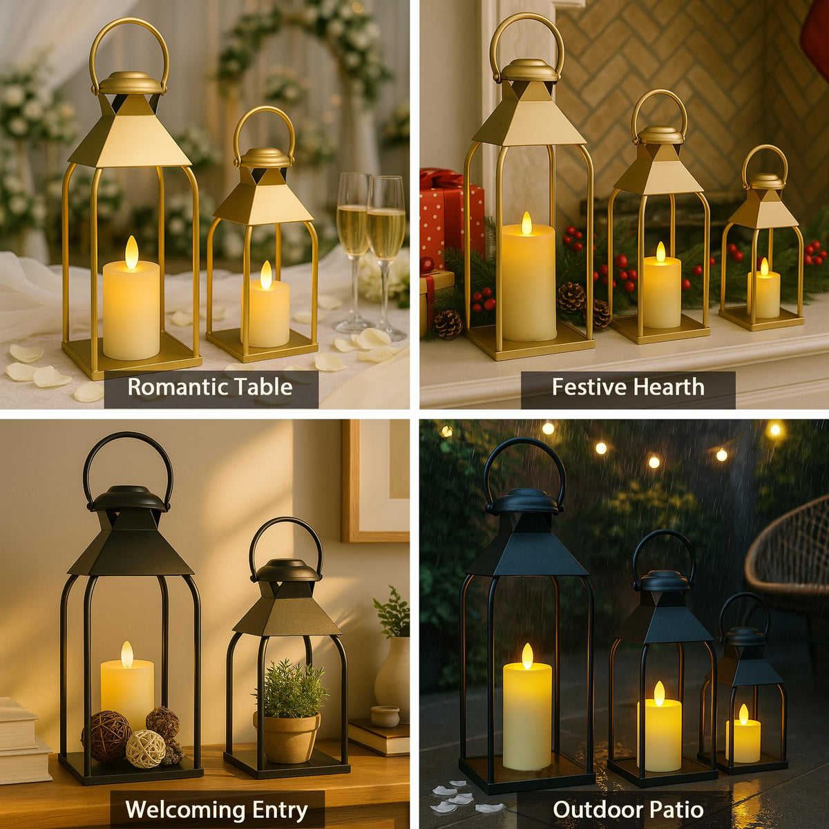 ZLFart lantern set used as elegant wedding centerpieces, adding warm glow to reception tables.
