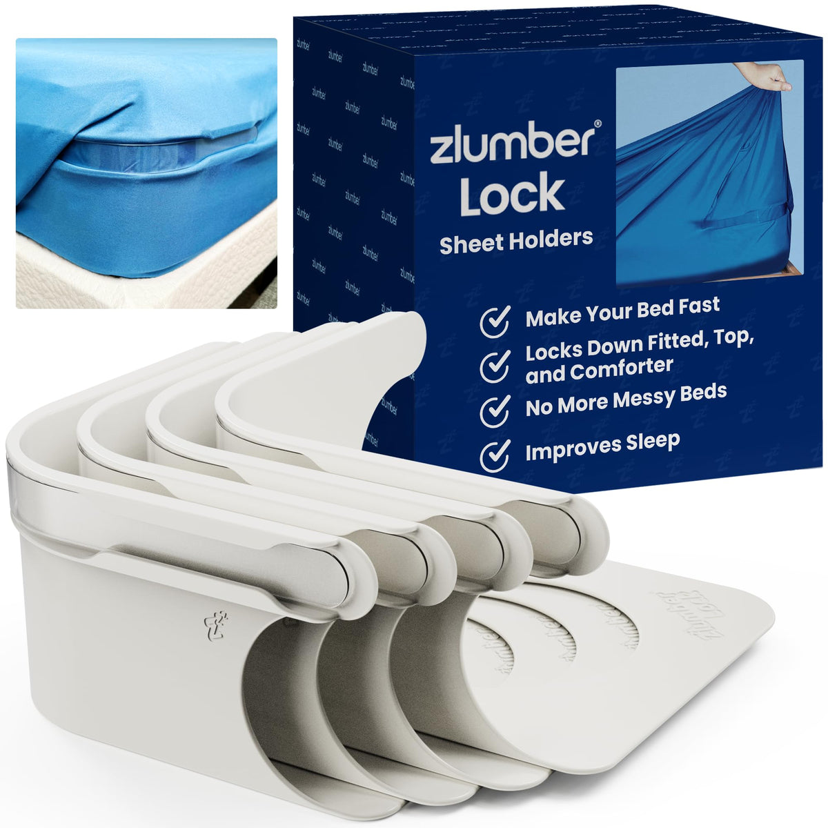 ZlumberLock secure sheet holder system keeps fitted sheets in place for uninterrupted sleep