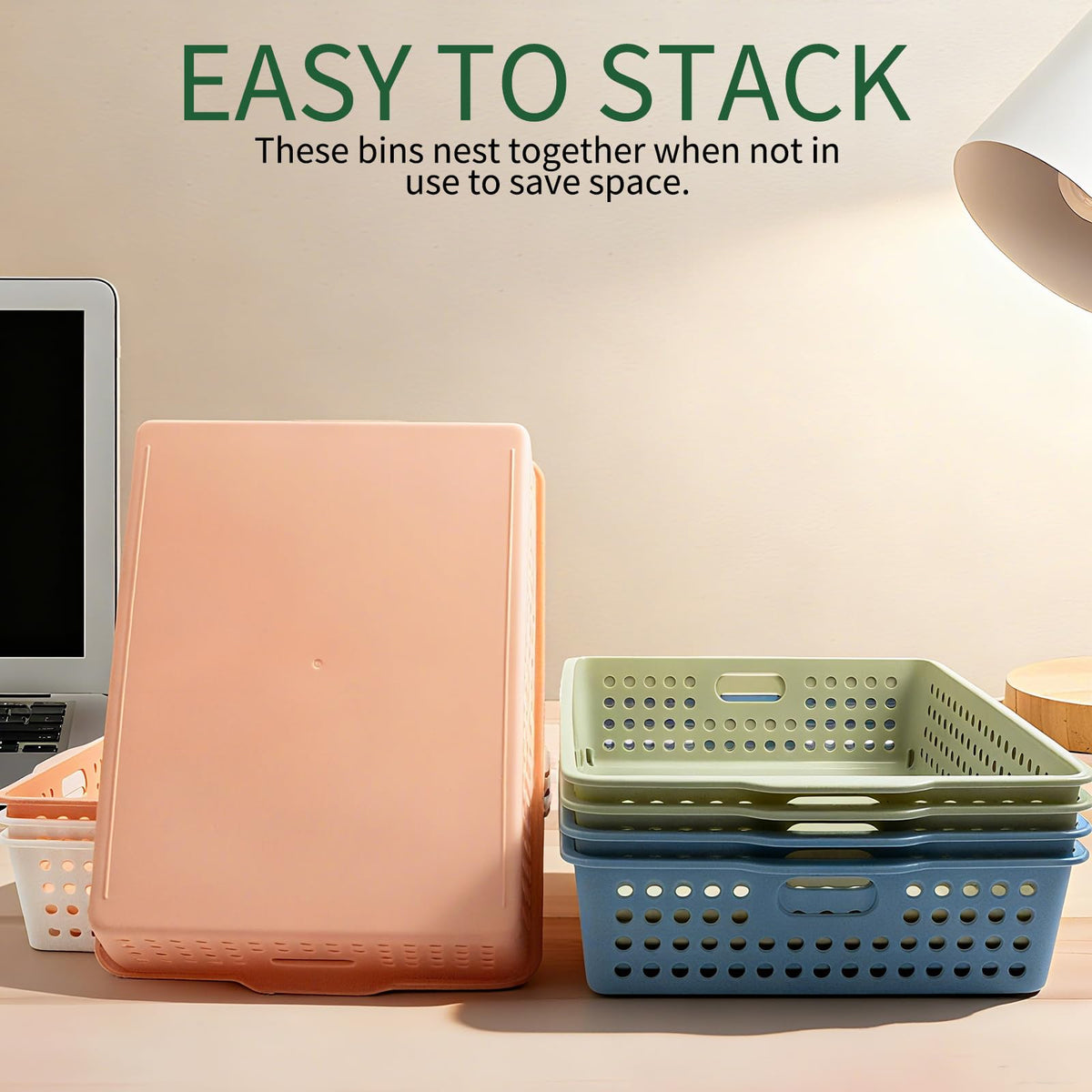 Zmpkhba stackable basket saves space while keeping items within reach.