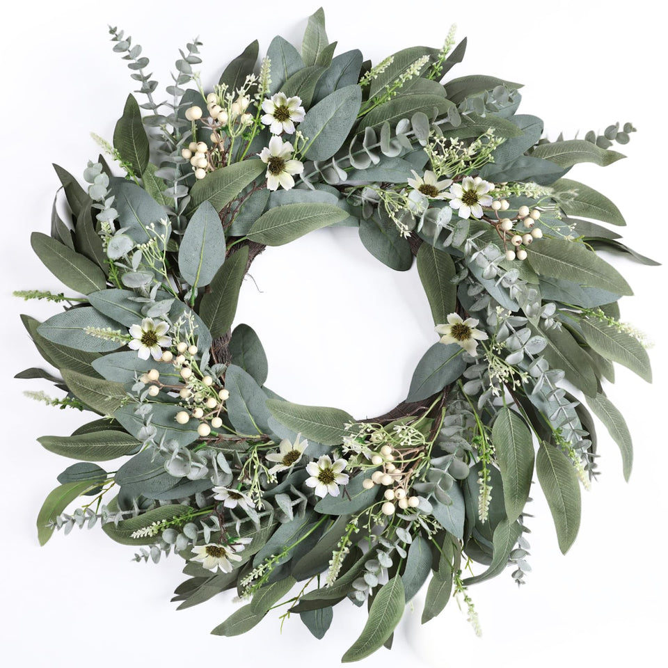 Zmtyykh 26-inch eucalyptus spring wreath front door view highlights lush greenery for welcoming entry