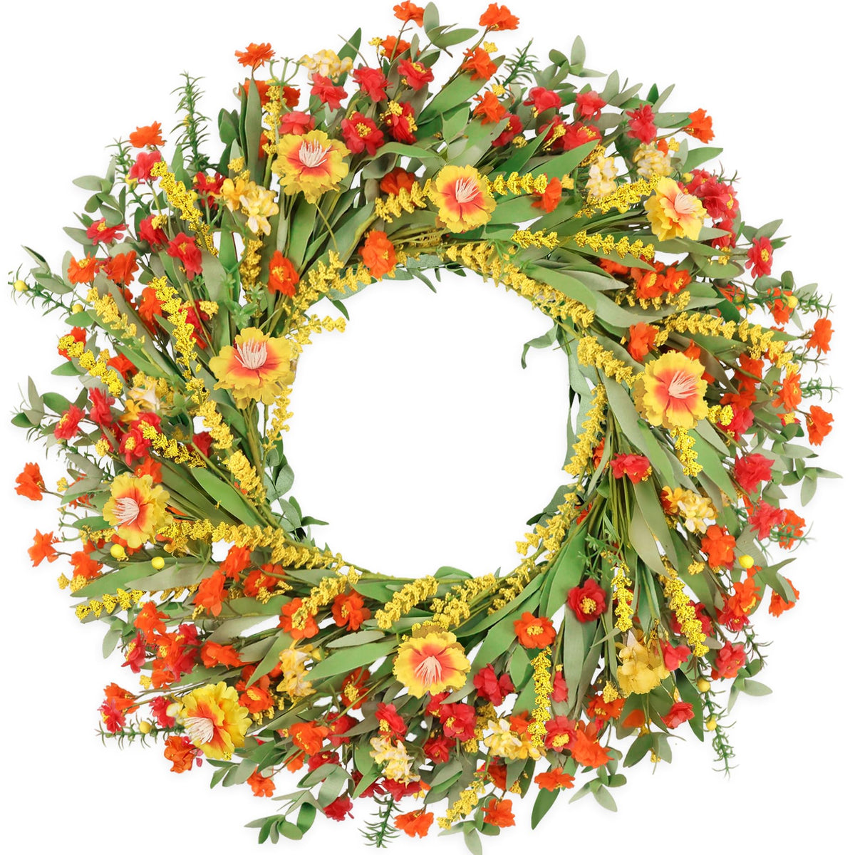 Zmtyykh 26-inch front door wreath with orange wildflowers for refined spring curb appeal.