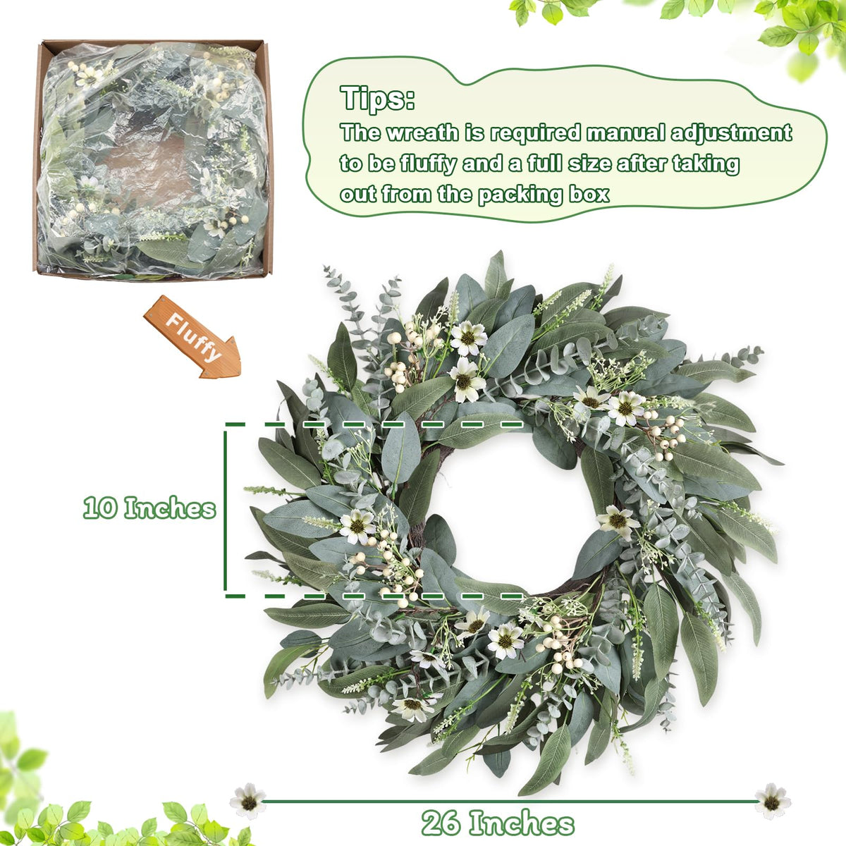 Zmtyykh white daisy centerpiece on eucalyptus wreath brightens any wall or door