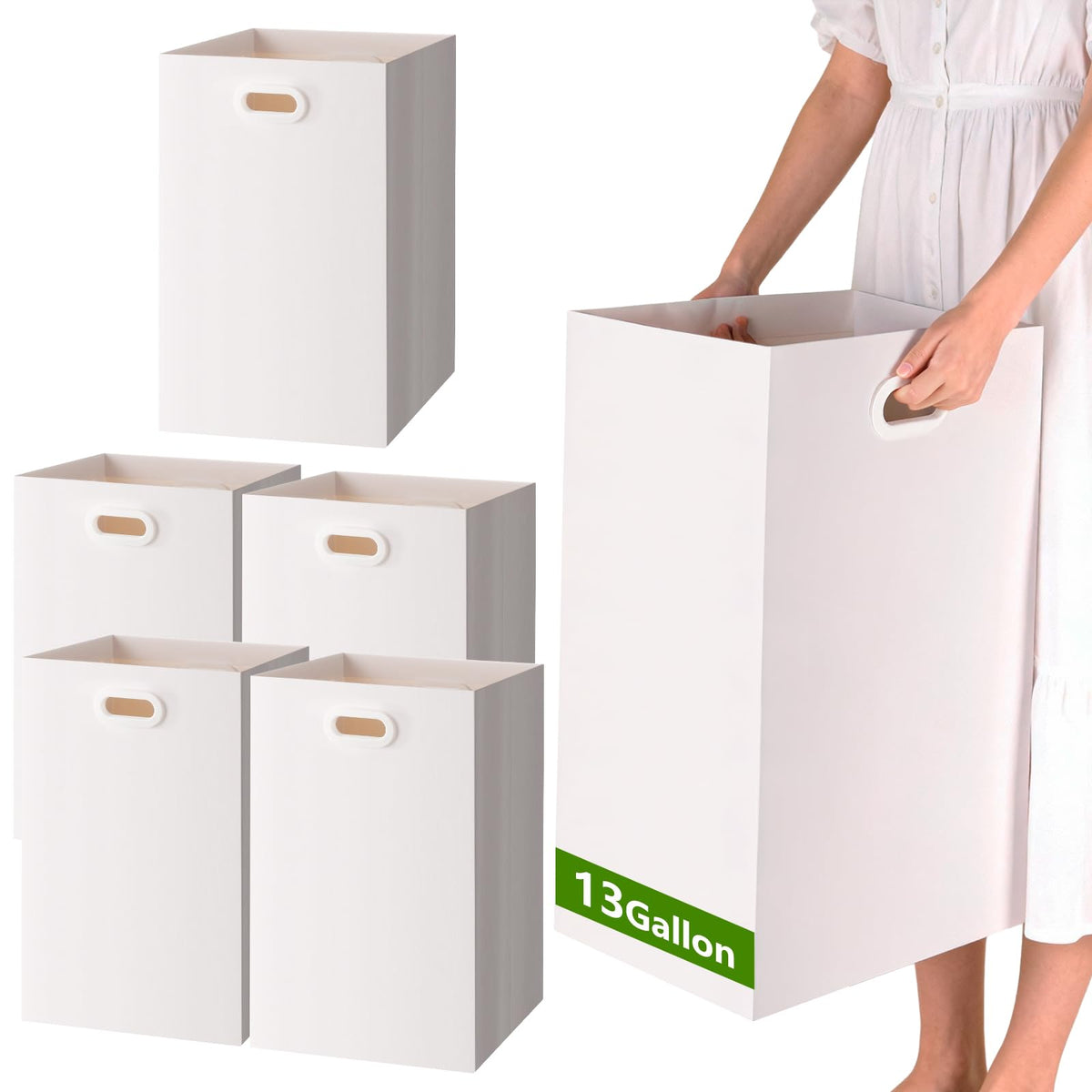 zmybcpack six-pack 13-gallon trash cans with handles for quick setup.