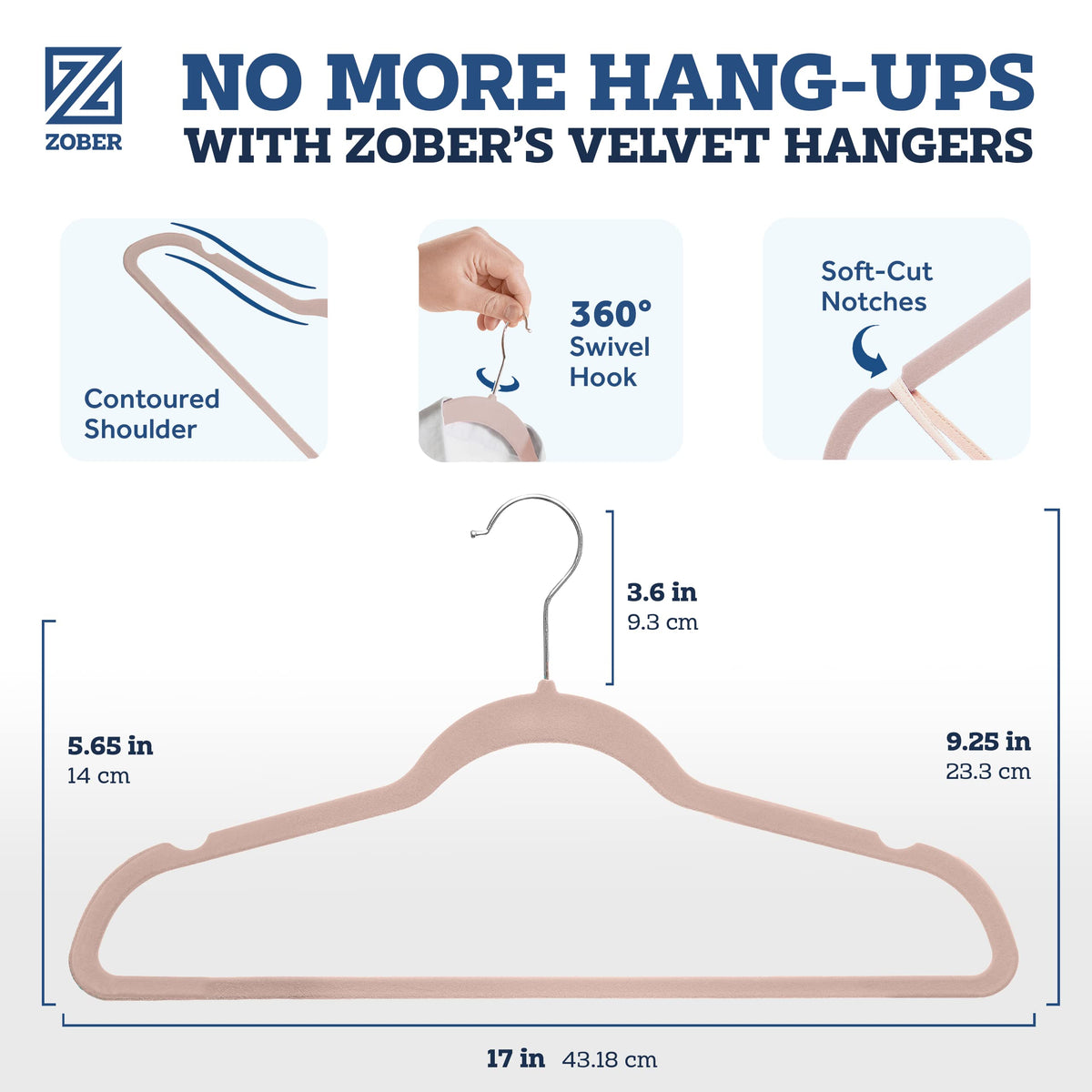 ZOBER 360-degree swivel hangers allow easy access from any closet angle.