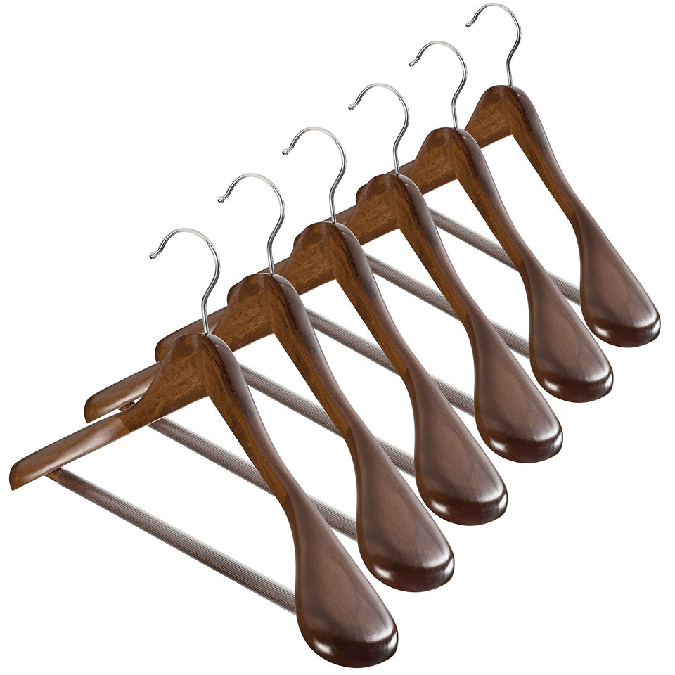 ZOBER 6-pack wooden-suit-hangers provide sturdy wardrobe organization and shape preservation.