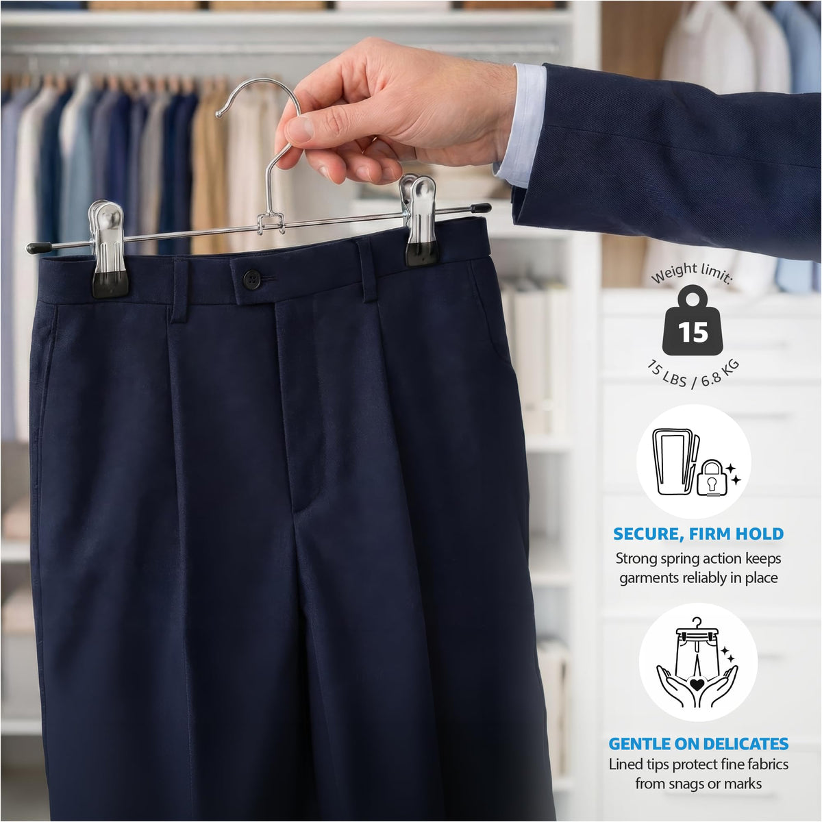 ZOBER adjustable clip hangers adapt to fabrics for fewer wrinkles.